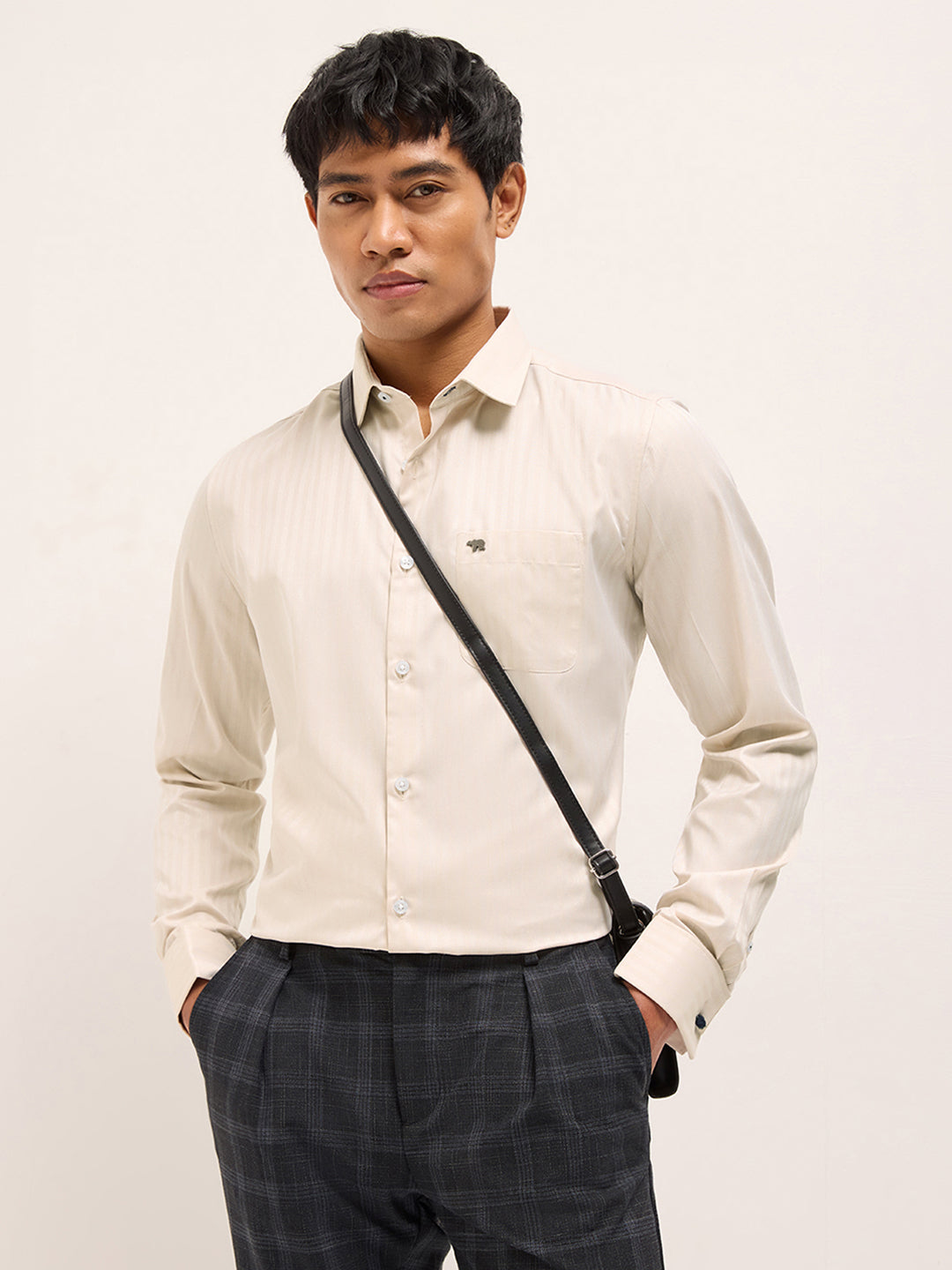 Beige Herringbone Striped Tailored Fit Formal Shirt with French Cuffs