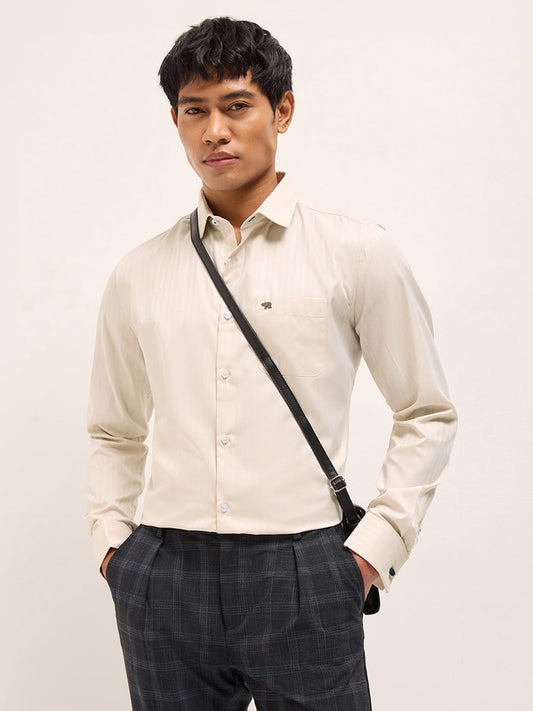 Beige Herringbone Striped Tailored Fit Formal Shirt with French Cuffs