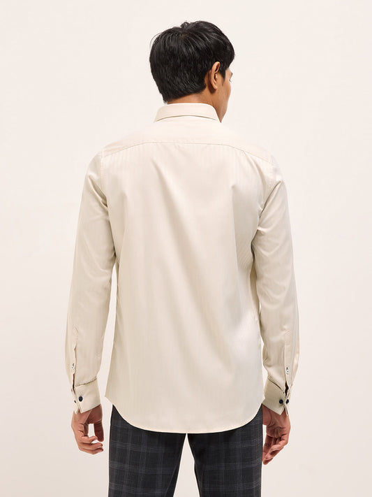 Beige Herringbone Striped Tailored Fit Formal Shirt with French Cuffs