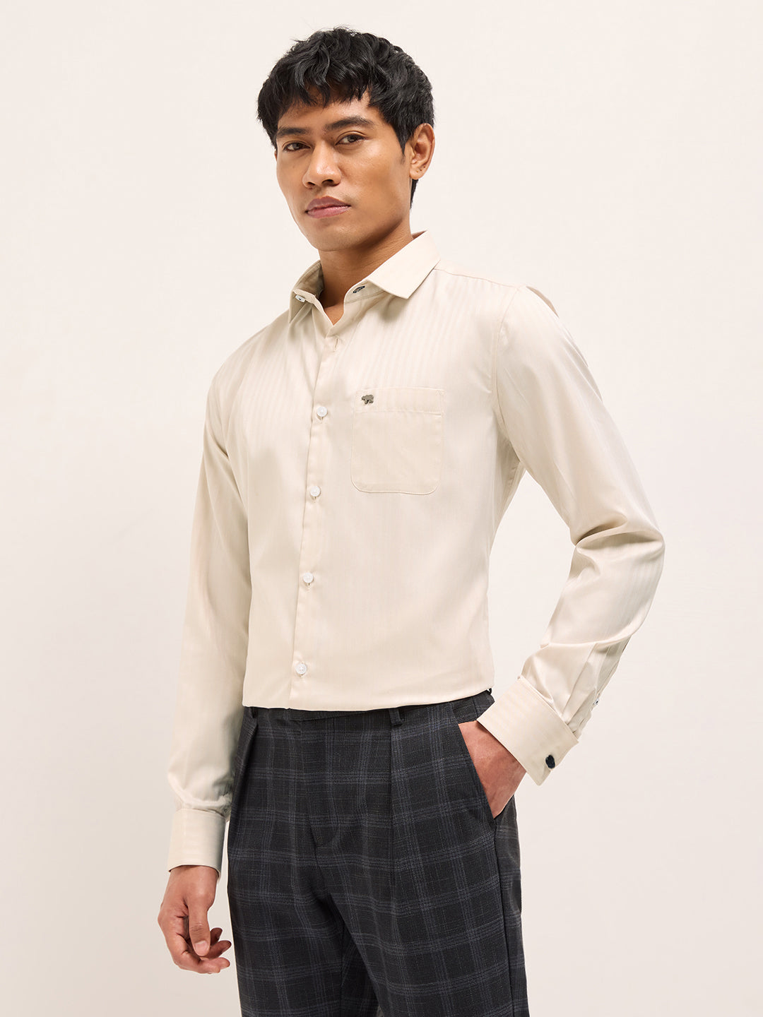 Beige Herringbone Striped Tailored Fit Formal Shirt with French Cuffs