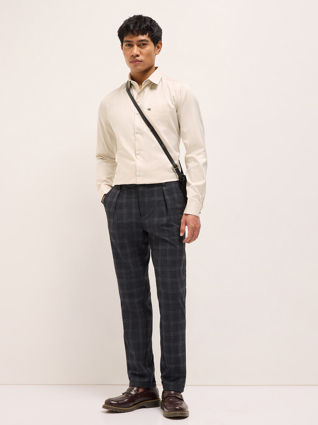 Beige Herringbone Striped Tailored Fit Formal Shirt with French Cuffs