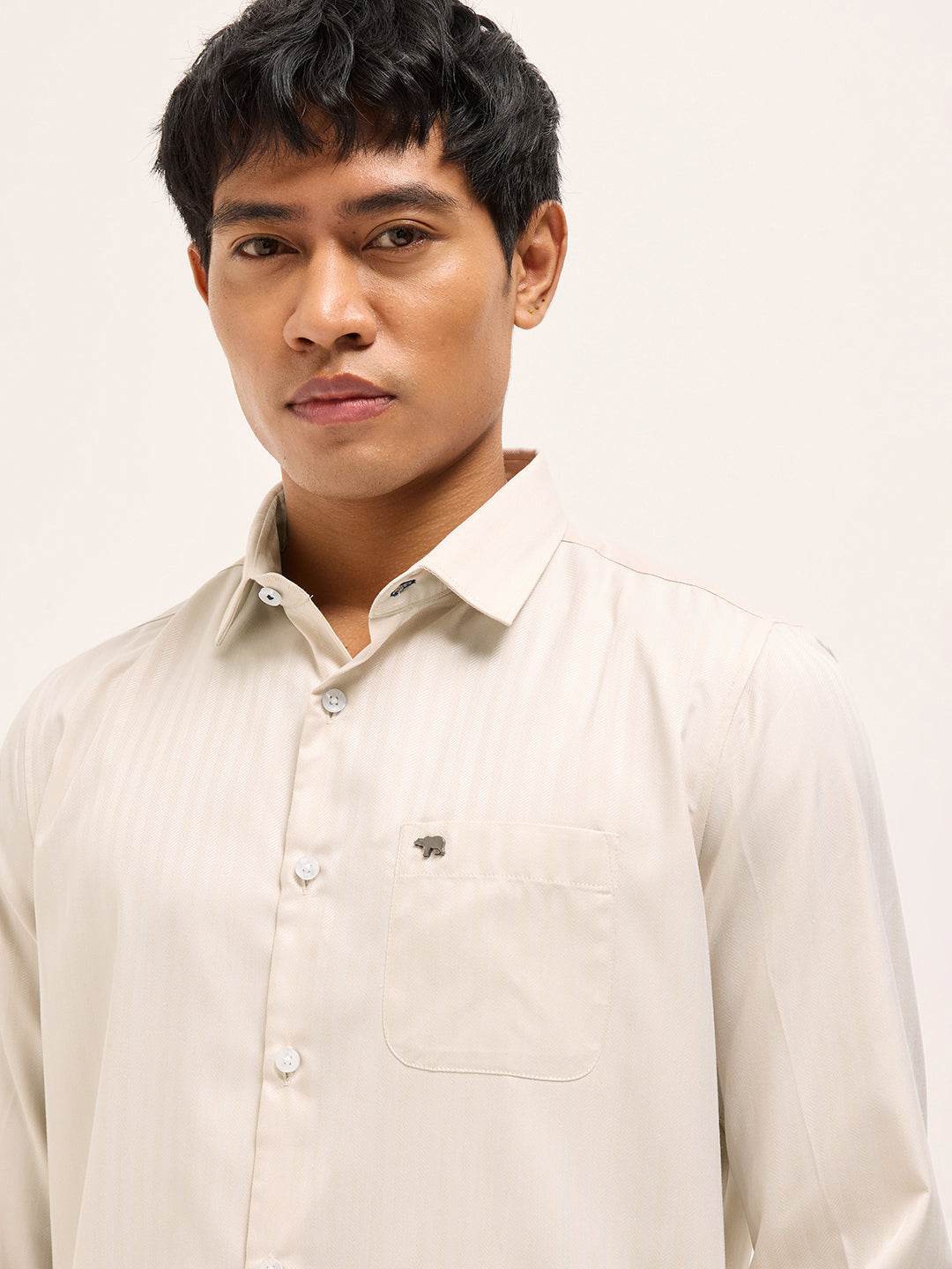 Beige Herringbone Striped Tailored Fit Formal Shirt with French Cuffs