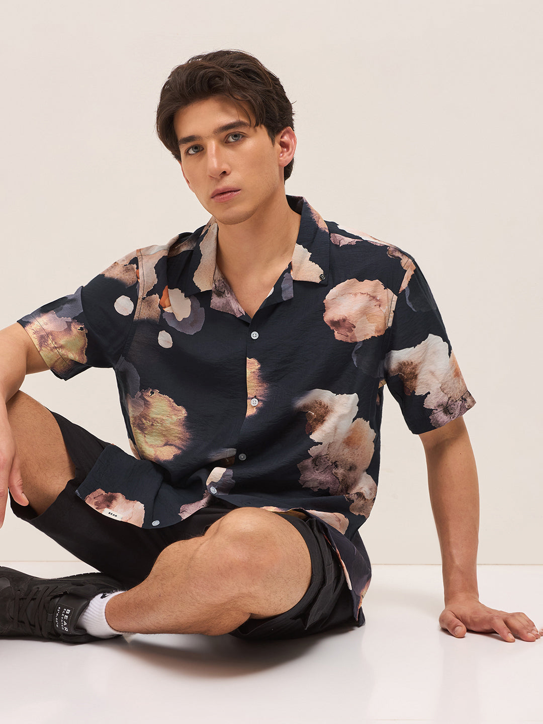 Black Abstract Floral Print Relaxed Fit Cuban Collar Casual Shirt
