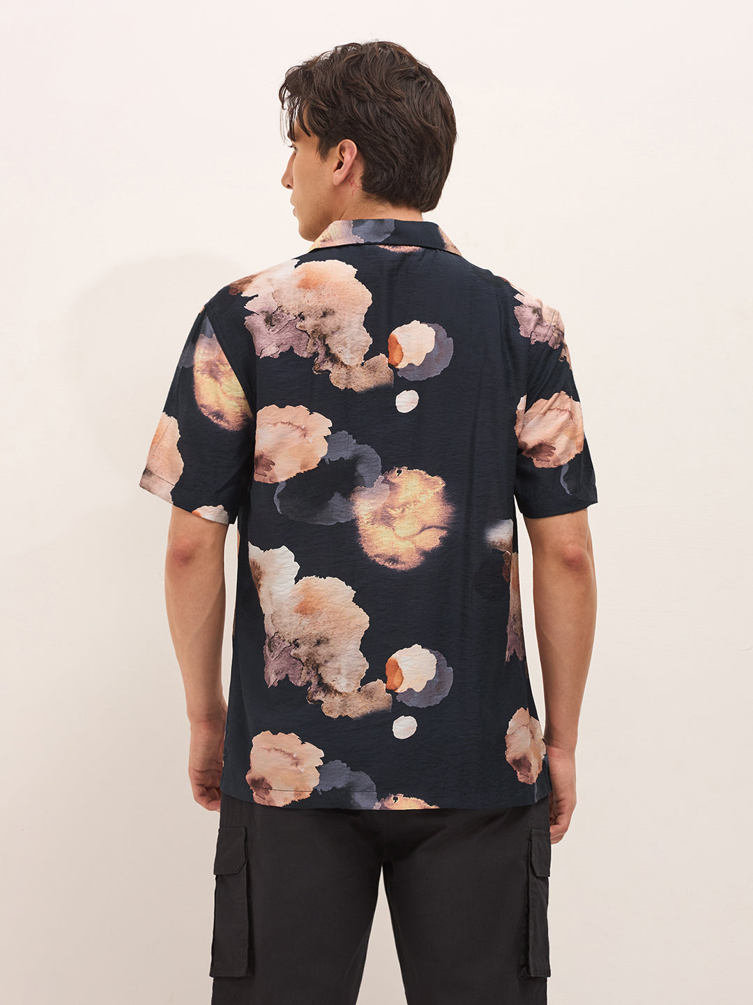 Black Abstract Floral Print Relaxed Fit Cuban Collar Casual Shirt