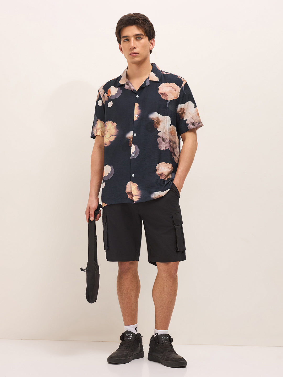Black Abstract Floral Print Relaxed Fit Cuban Collar Casual Shirt
