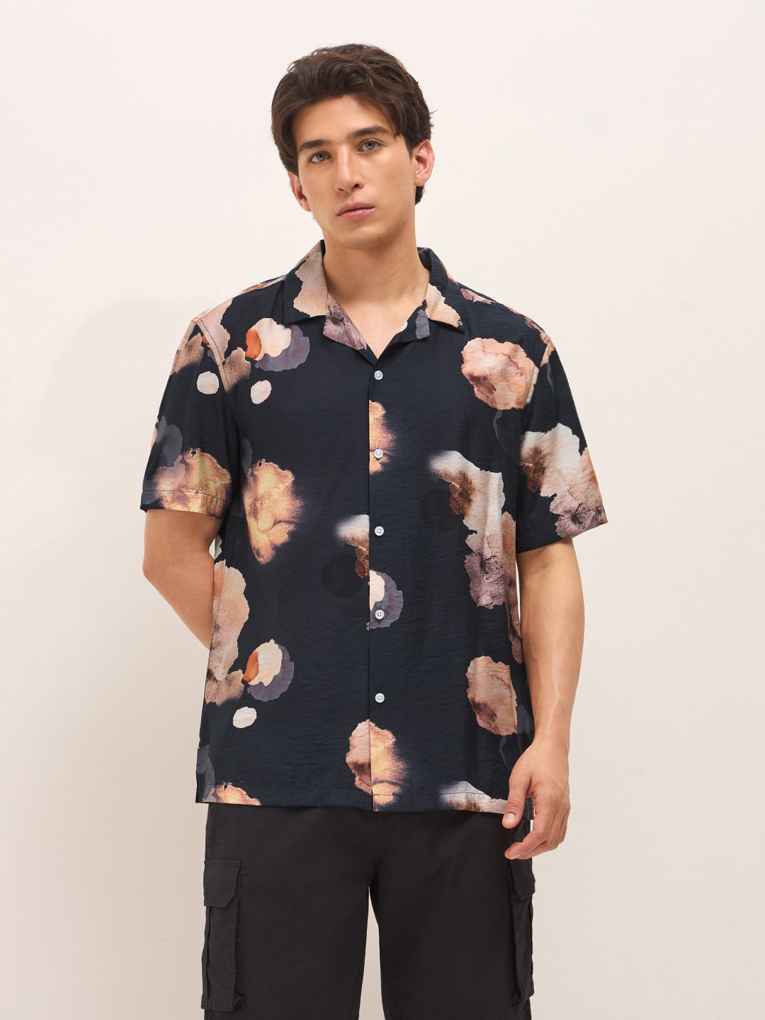 Black Abstract Floral Print Relaxed Fit Cuban Collar Casual Shirt