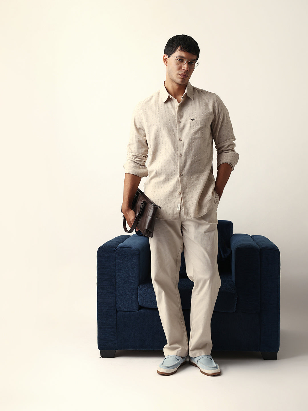 Beige Vertical Striped Slim Fit Casual Shirt with Textured Stitch Detailing