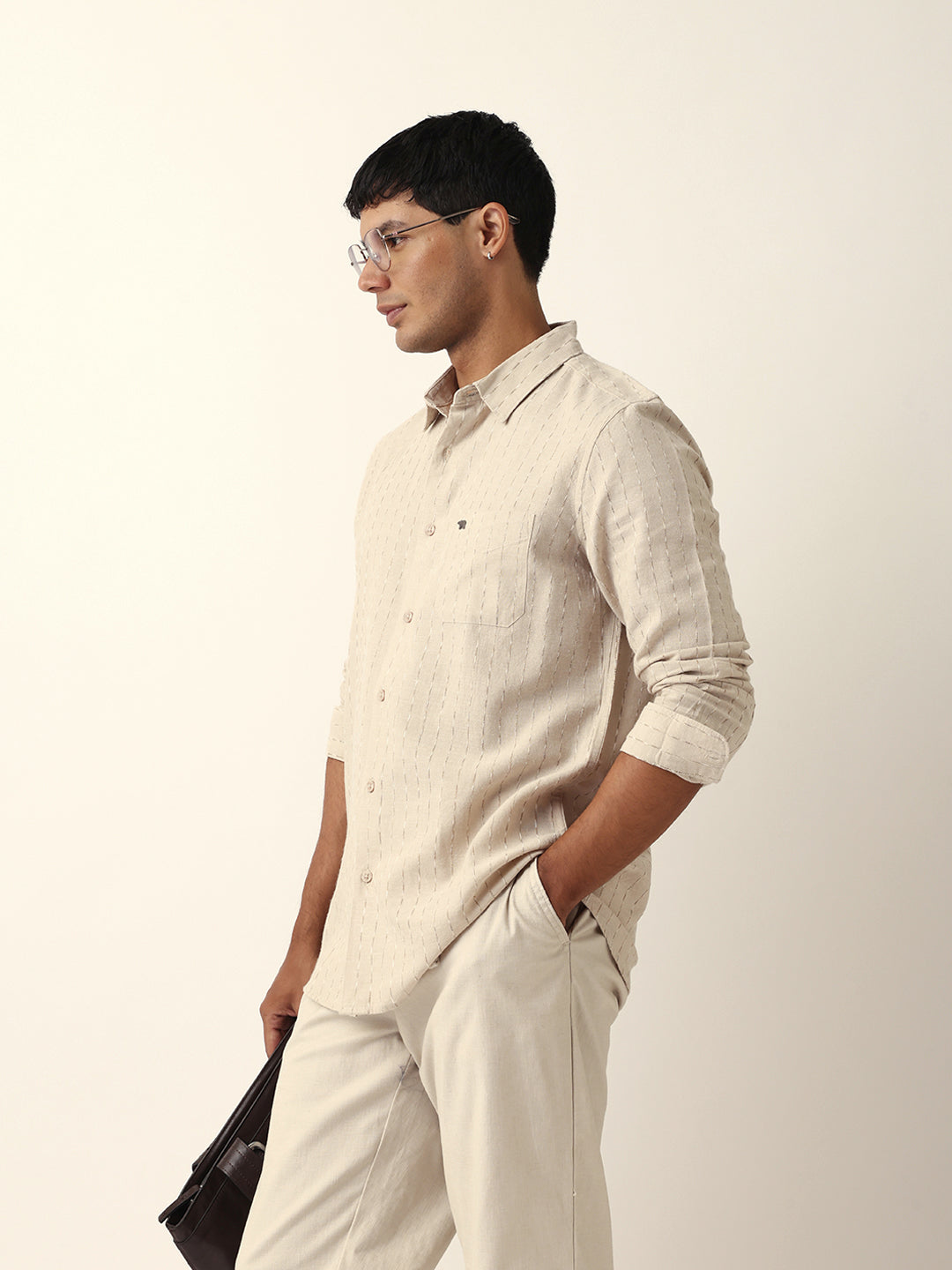 Beige Vertical Striped Slim Fit Casual Shirt with Textured Stitch Detailing