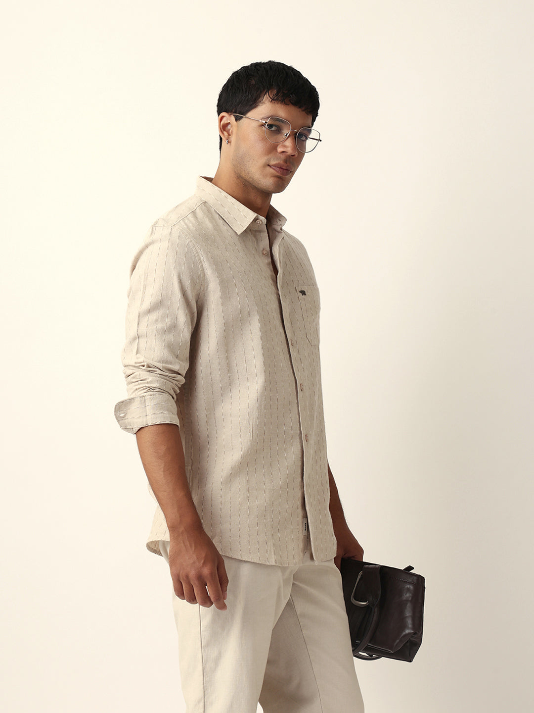 Beige Vertical Striped Slim Fit Casual Shirt with Textured Stitch Detailing