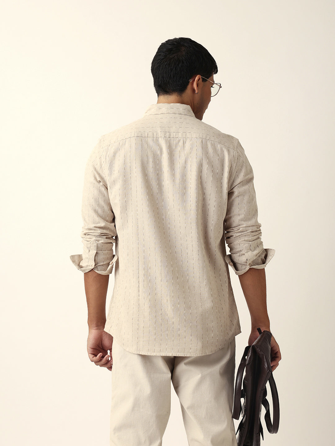 Beige Vertical Striped Slim Fit Casual Shirt with Textured Stitch Detailing
