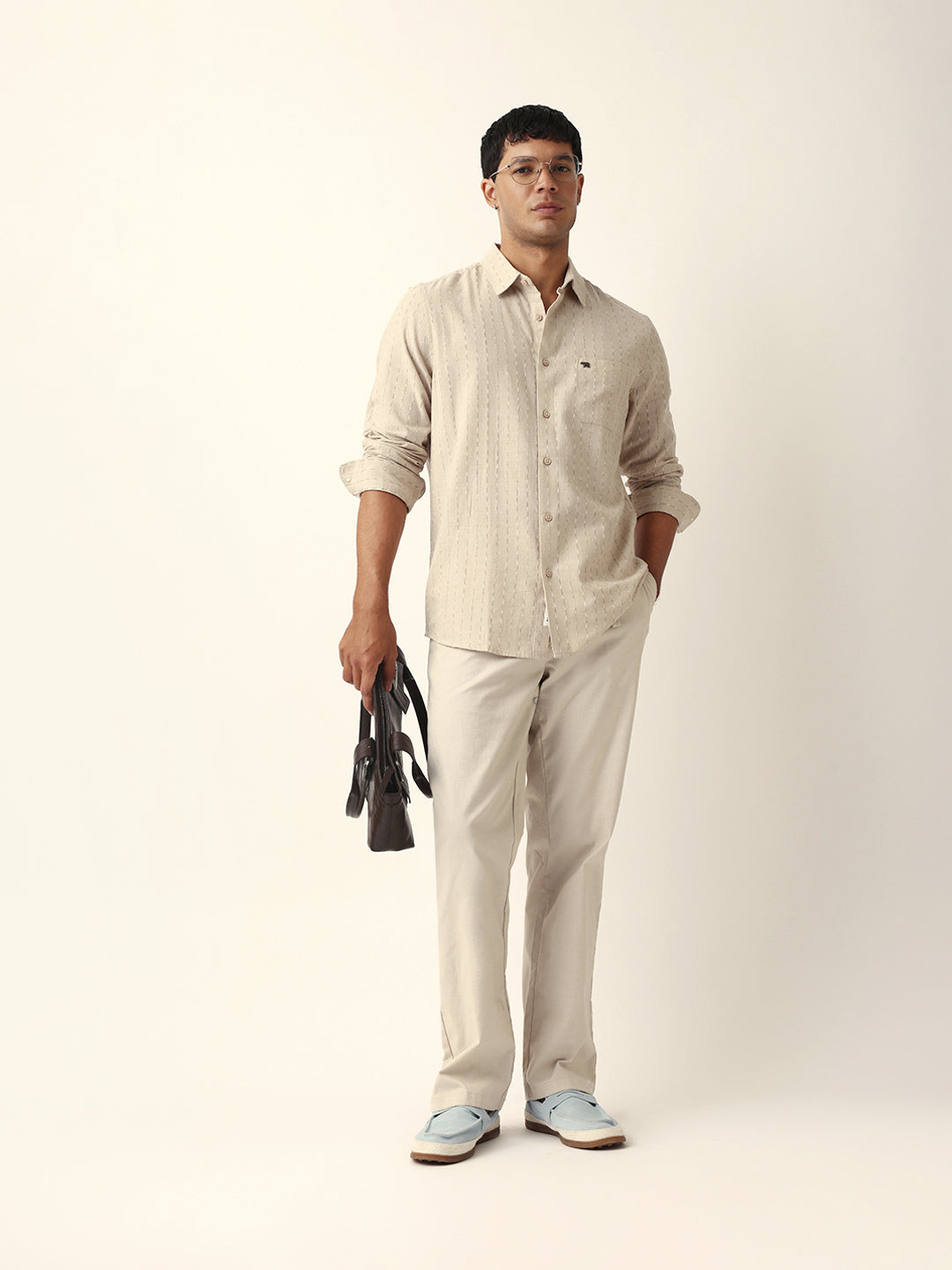 Beige Vertical Striped Slim Fit Casual Shirt with Textured Stitch Detailing