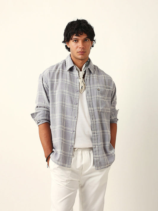 Light Blue Woven Textured Checked Relax Fit Overshirt