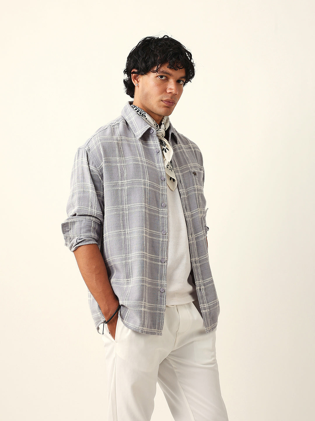 Light Blue Woven Textured Checked Relax Fit Overshirt