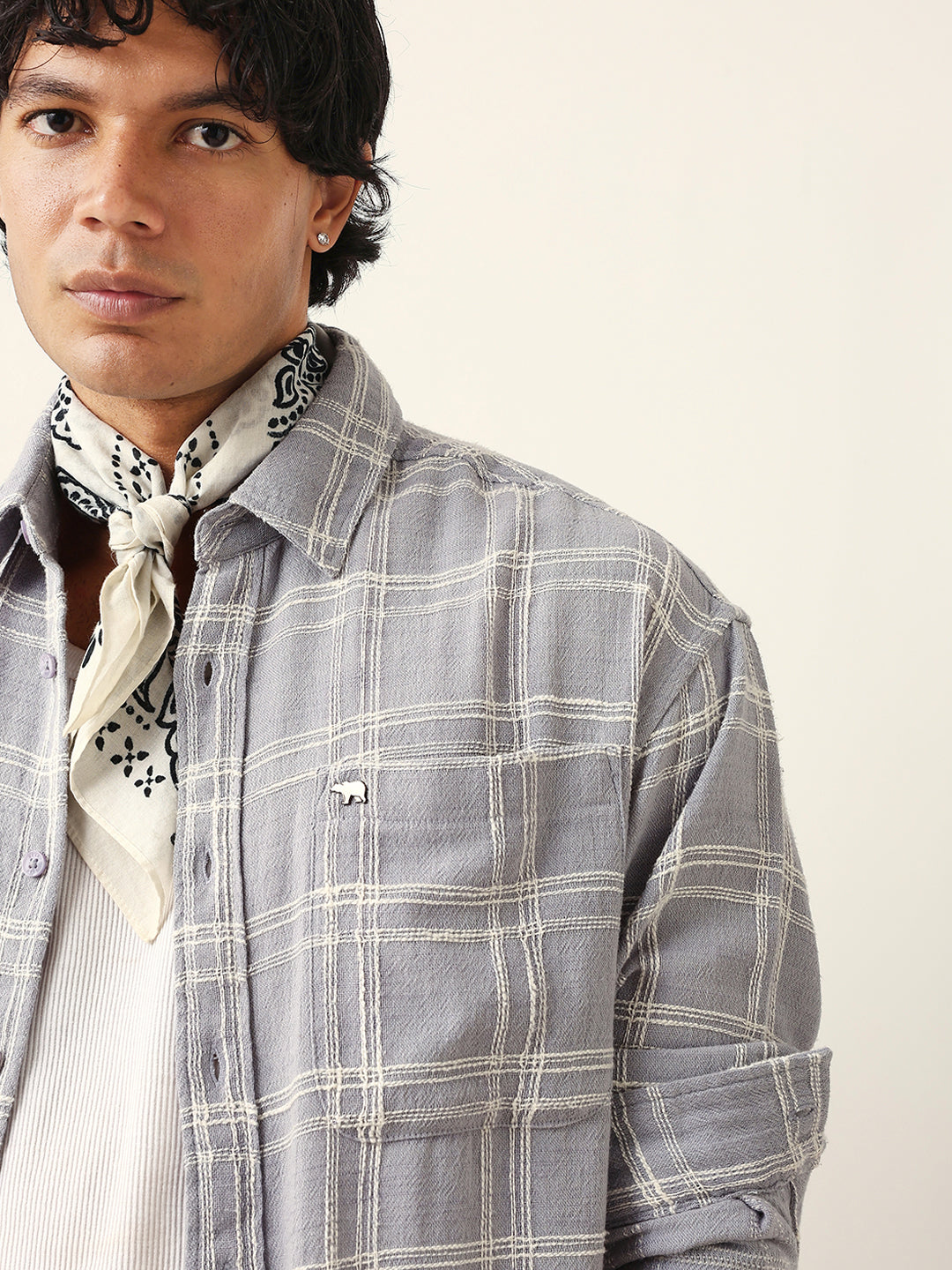 Light Blue Woven Textured Checked Relax Fit Overshirt