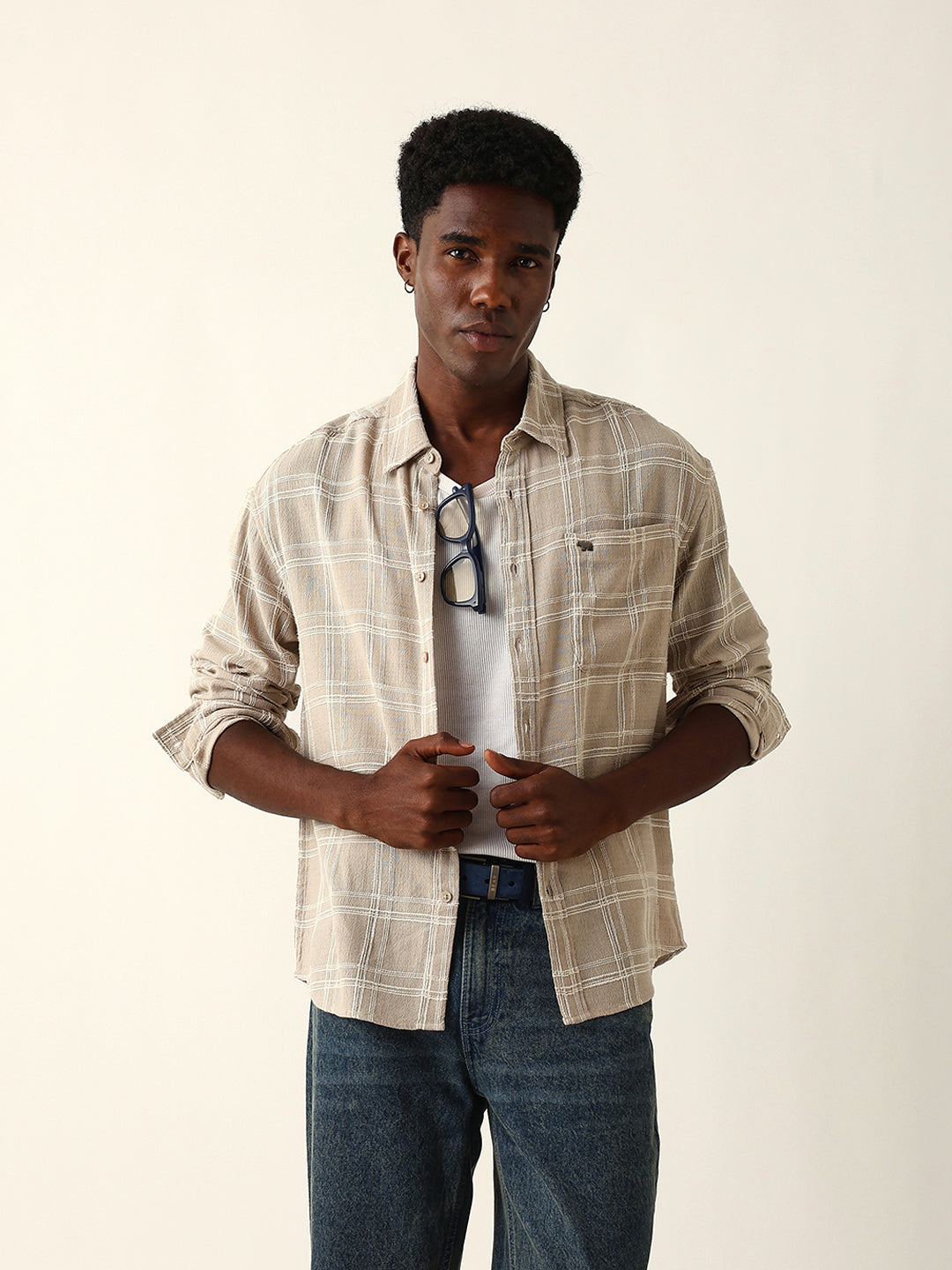 Cream Woven Textured Checked Relax Fit Overshirt