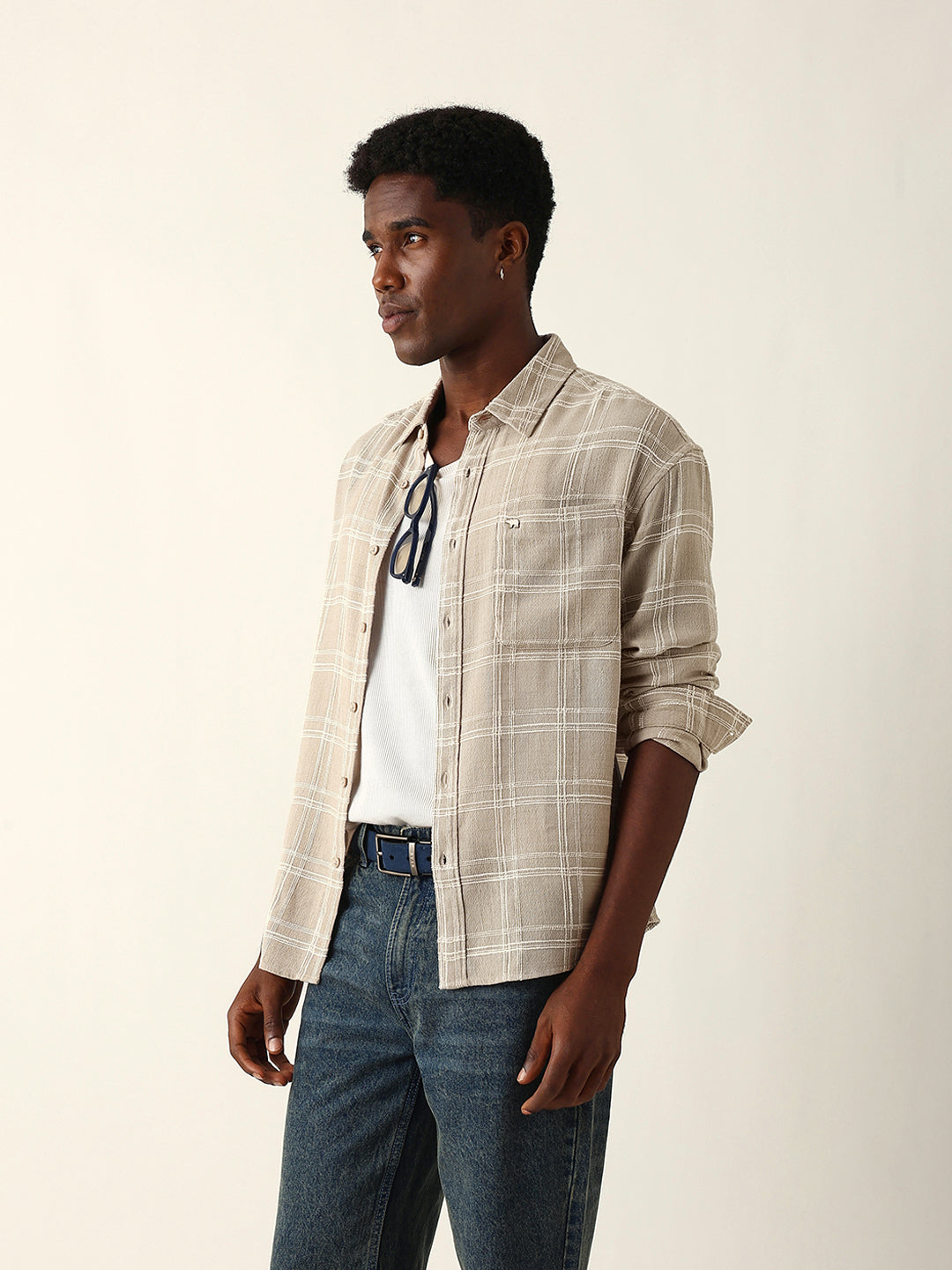 Cream Woven Textured Checked Relax Fit Overshirt
