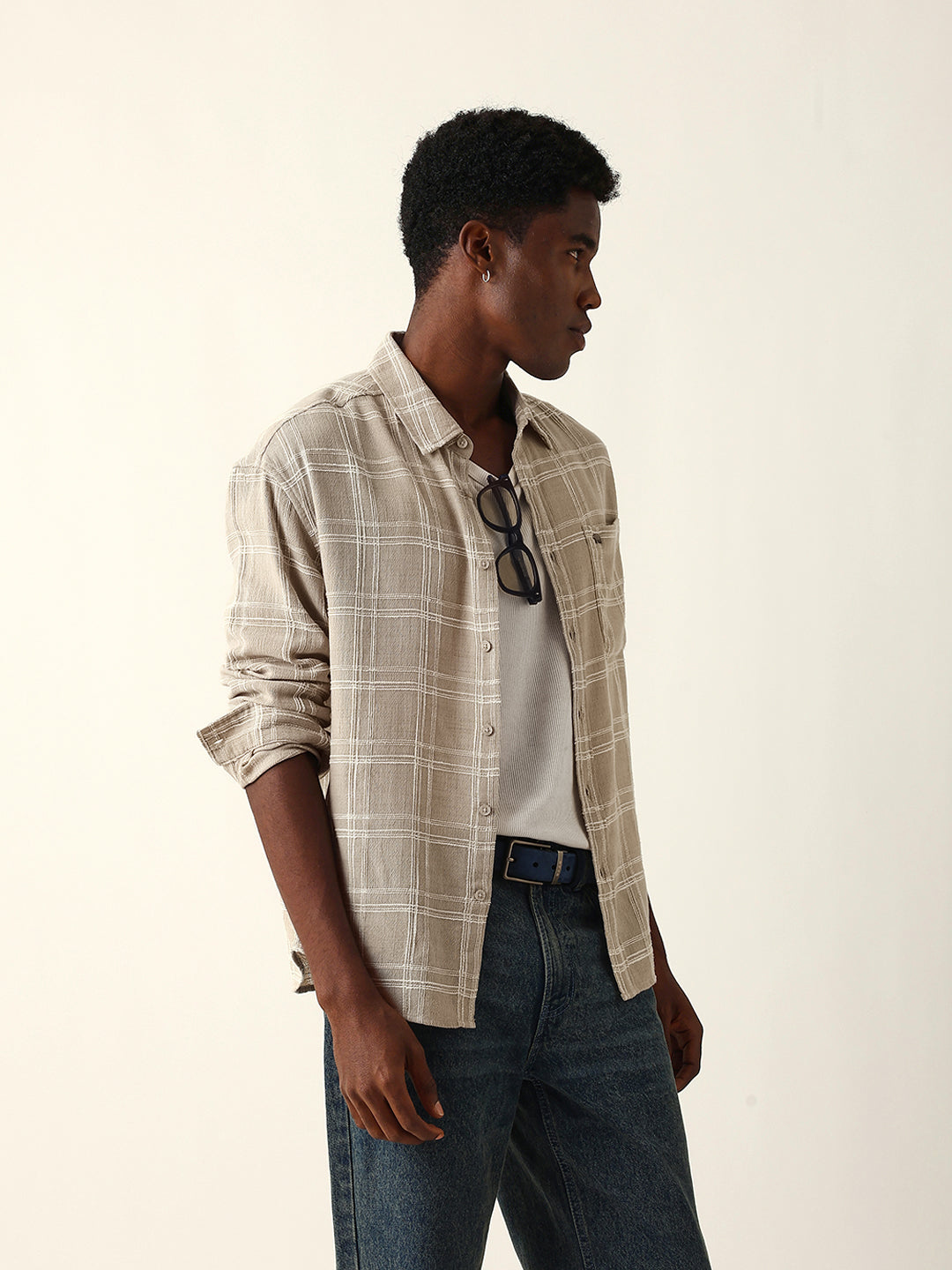Cream Woven Textured Checked Relax Fit Overshirt