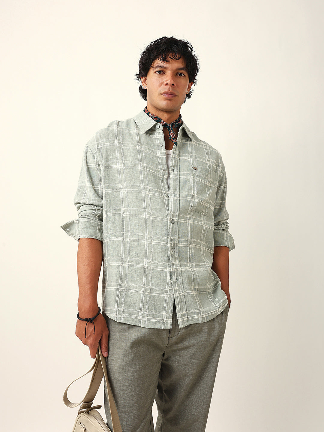 Sage Green Woven Textured Checked Relaxed Fit Overshirt