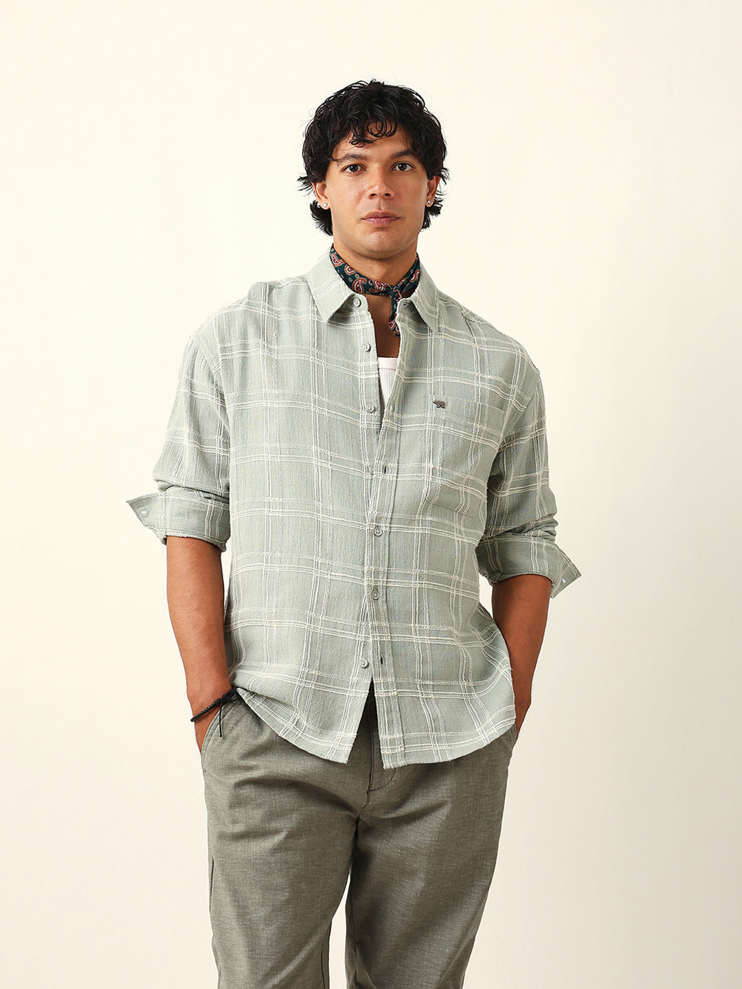 Sage Green Woven Textured Checked Relaxed Fit Overshirt