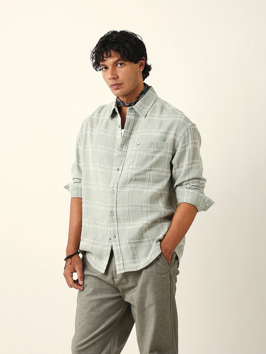 Sage Green Woven Textured Checked Relaxed Fit Overshirt