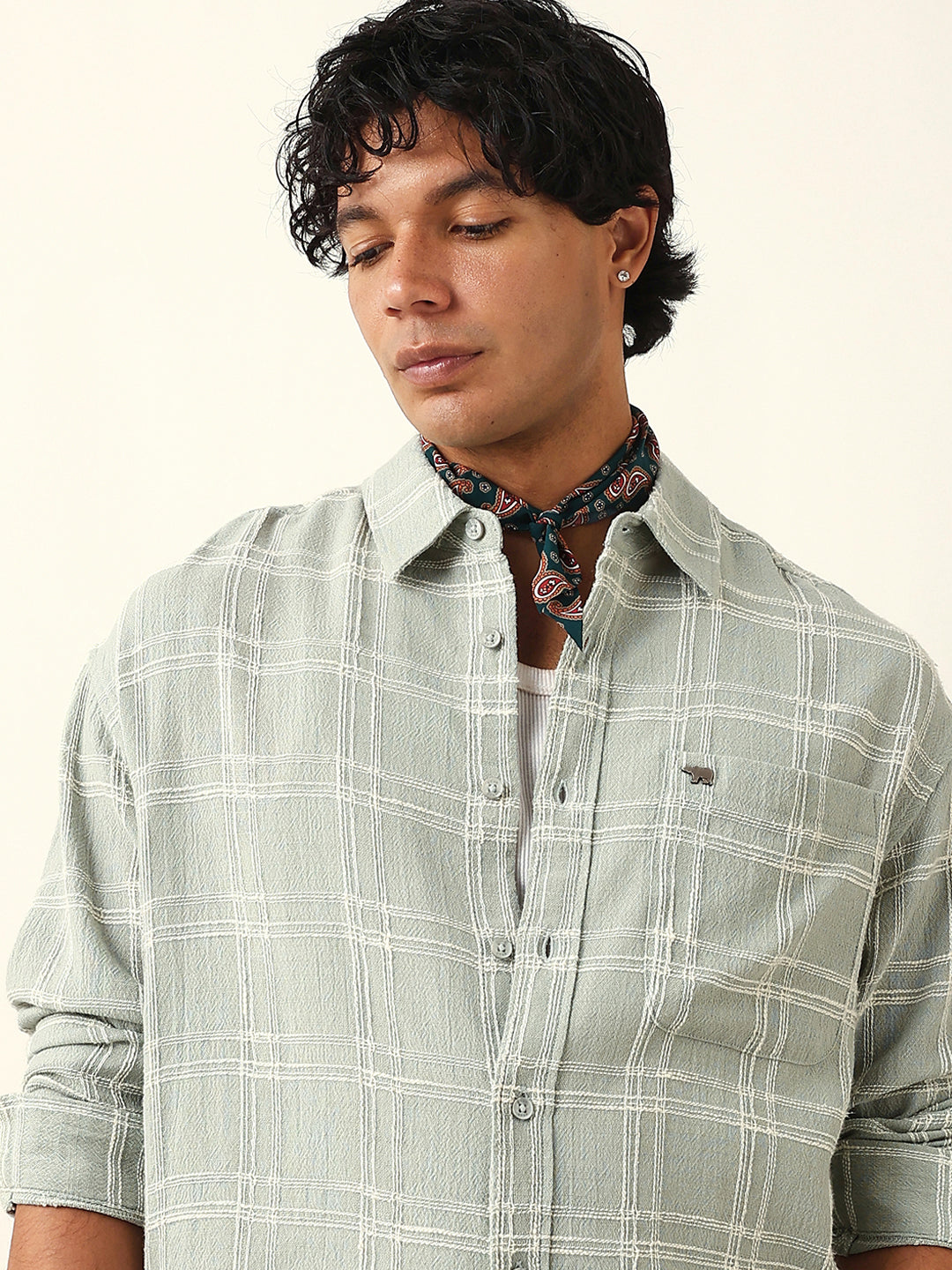 Sage Green Woven Textured Checked Relaxed Fit Overshirt