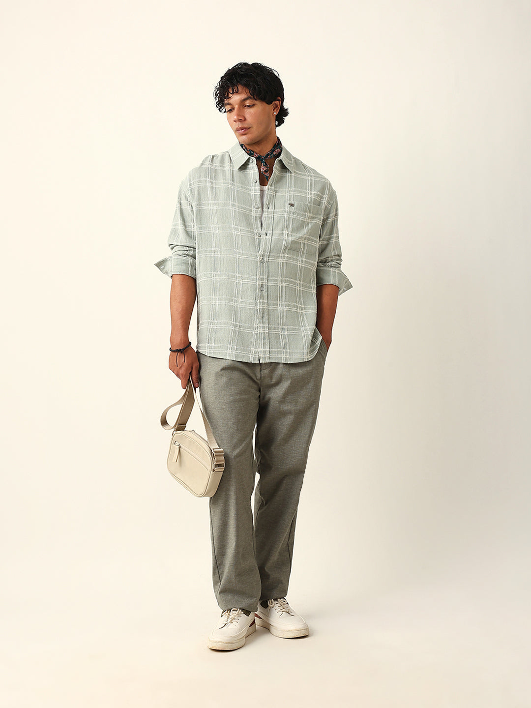 Sage Green Woven Textured Checked Relaxed Fit Overshirt
