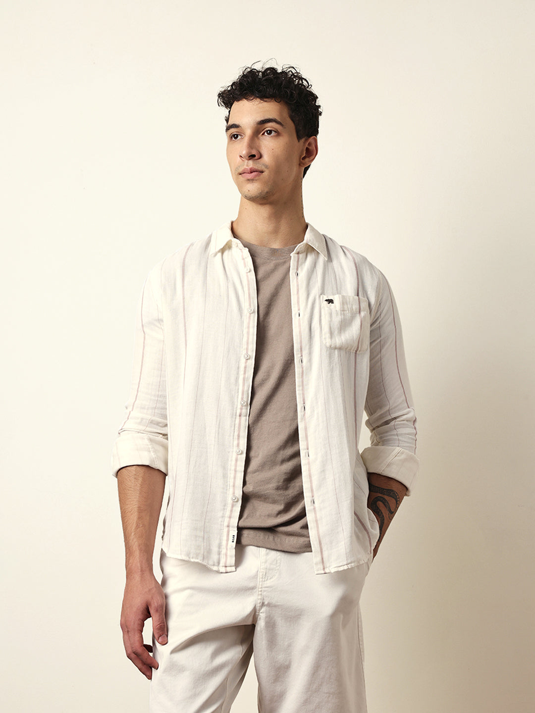 White Vertical Woven Stripe Slim Fit Casual Shirt