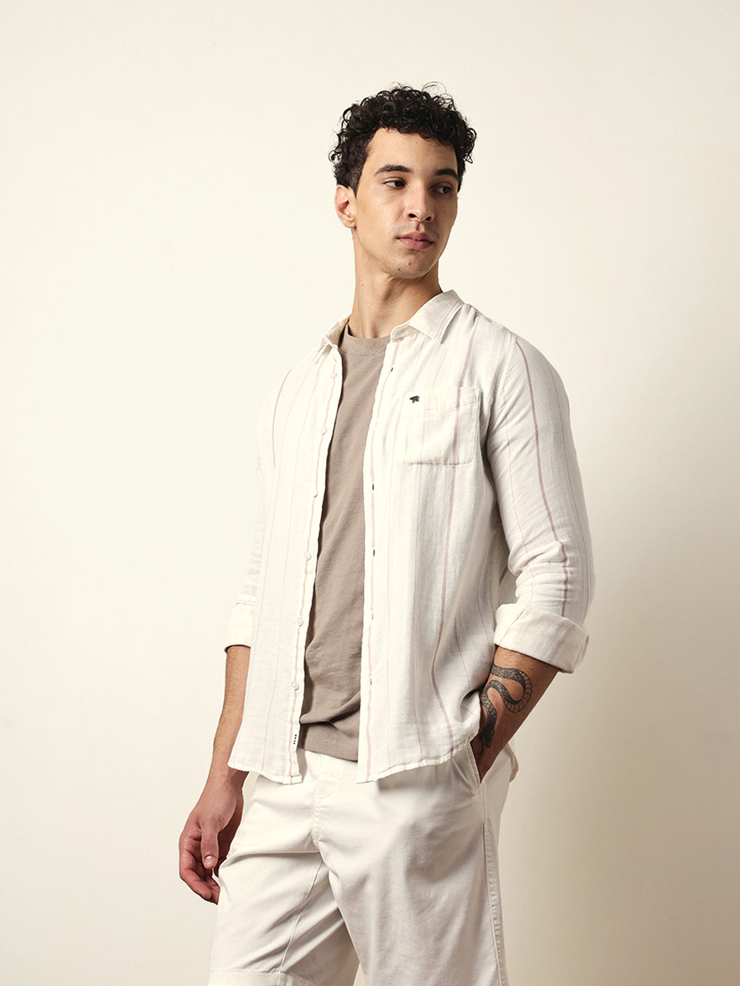 White Vertical Woven Stripe Slim Fit Casual Shirt