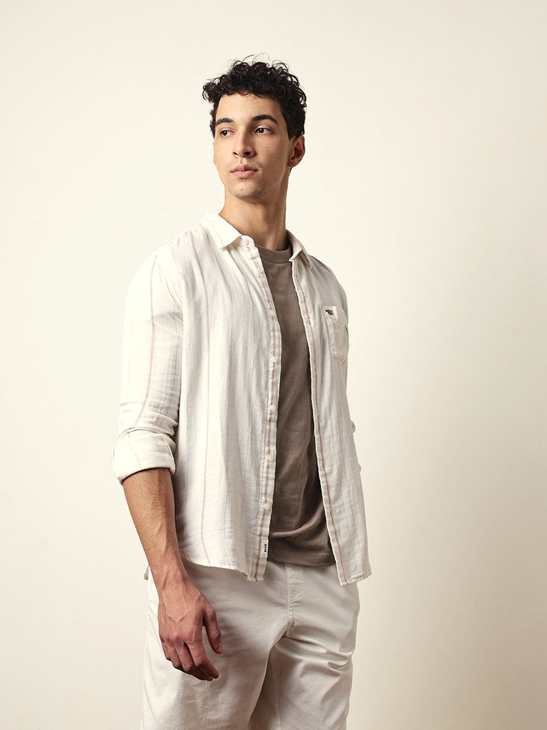 White Vertical Woven Stripe Slim Fit Casual Shirt