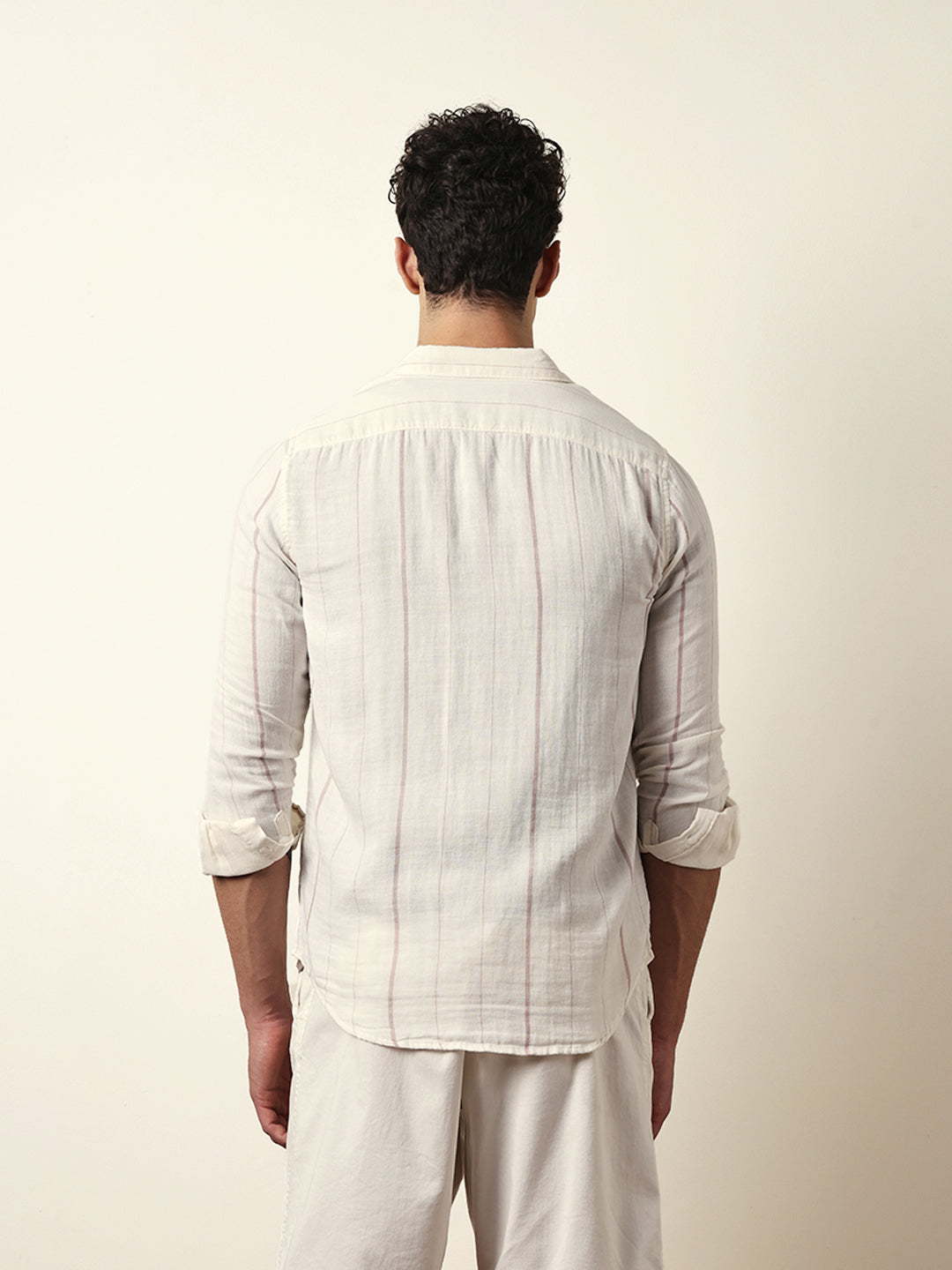 White Vertical Woven Stripe Slim Fit Casual Shirt