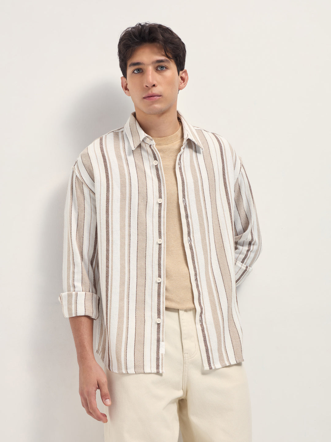 White and Beige Woven Vertical Stripe Relaxed Fit Overshirt
