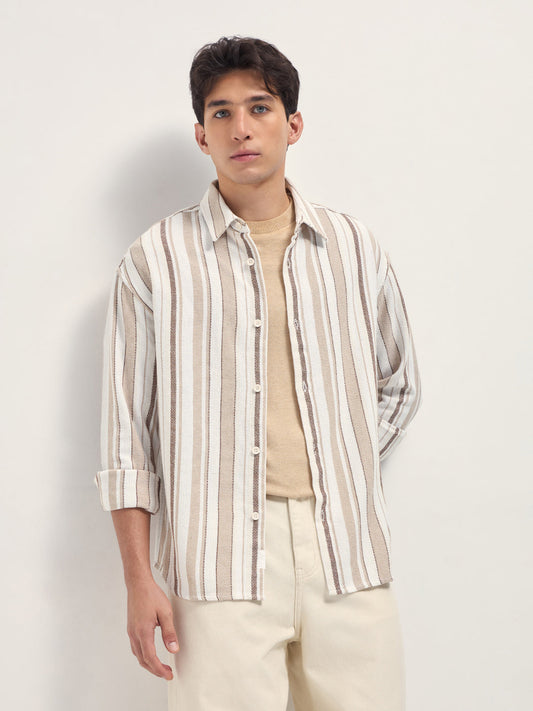 White and Beige Woven Vertical Stripe Relaxed Fit Overshirt