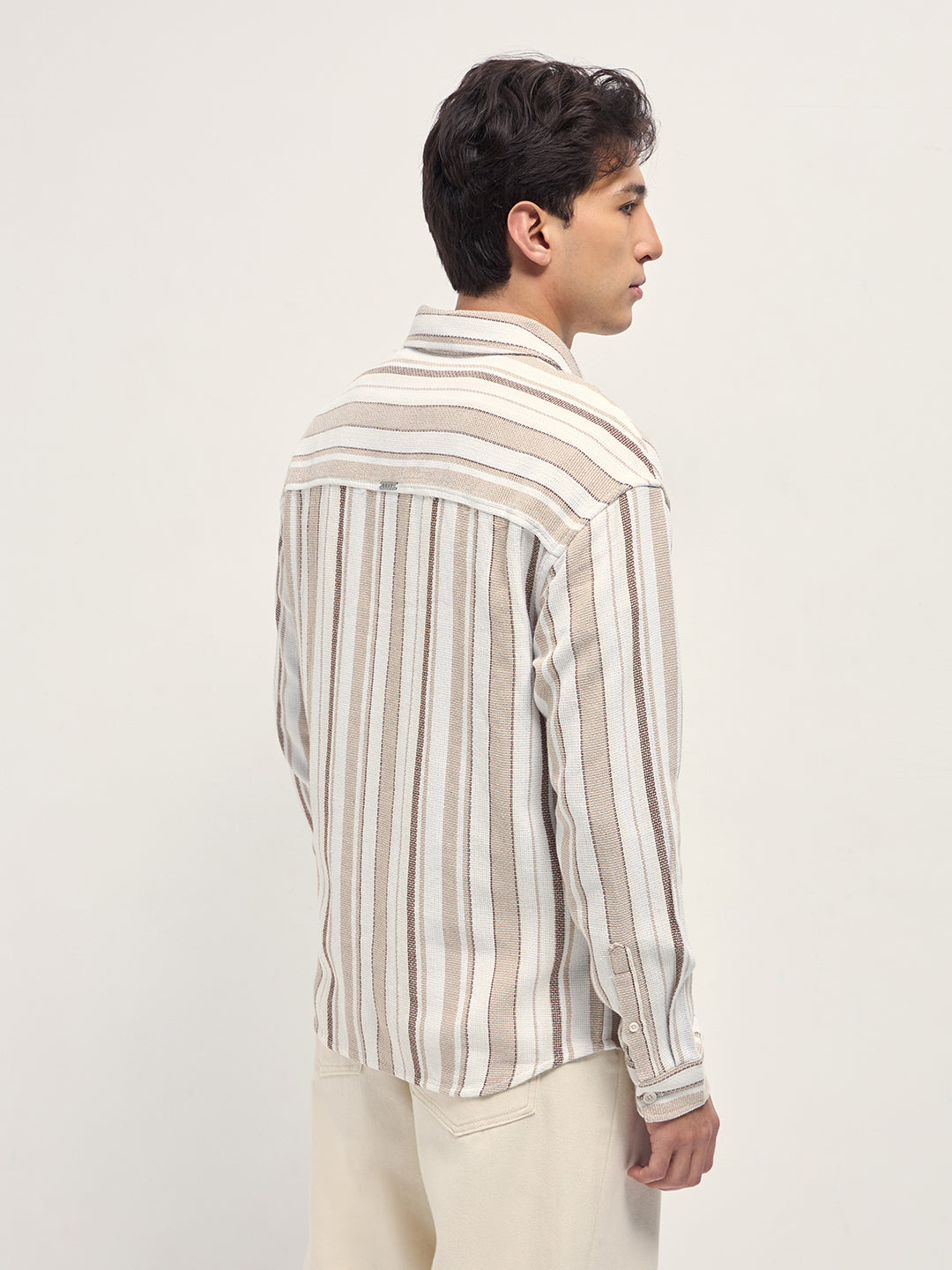 White and Beige Woven Vertical Stripe Relaxed Fit Overshirt
