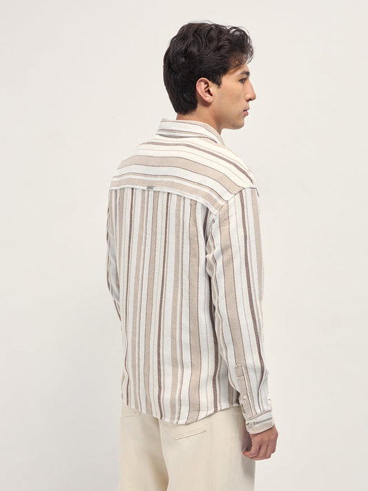 White and Beige Woven Vertical Stripe Relaxed Fit Overshirt