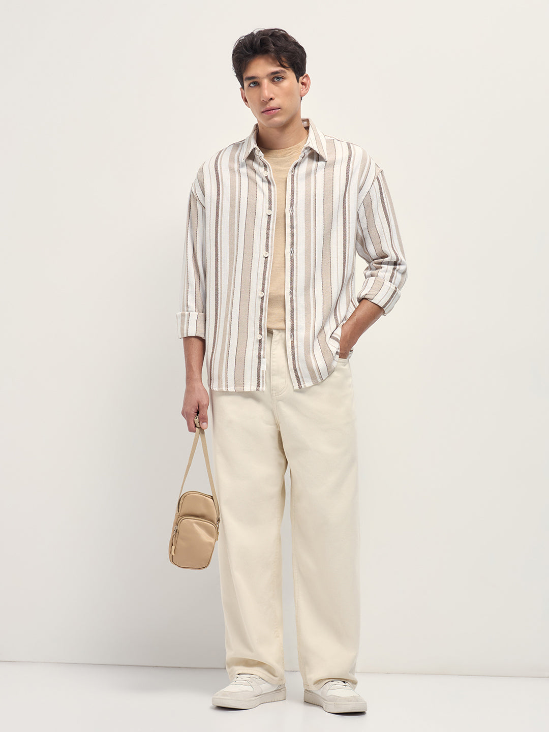 White and Beige Woven Vertical Stripe Relaxed Fit Overshirt