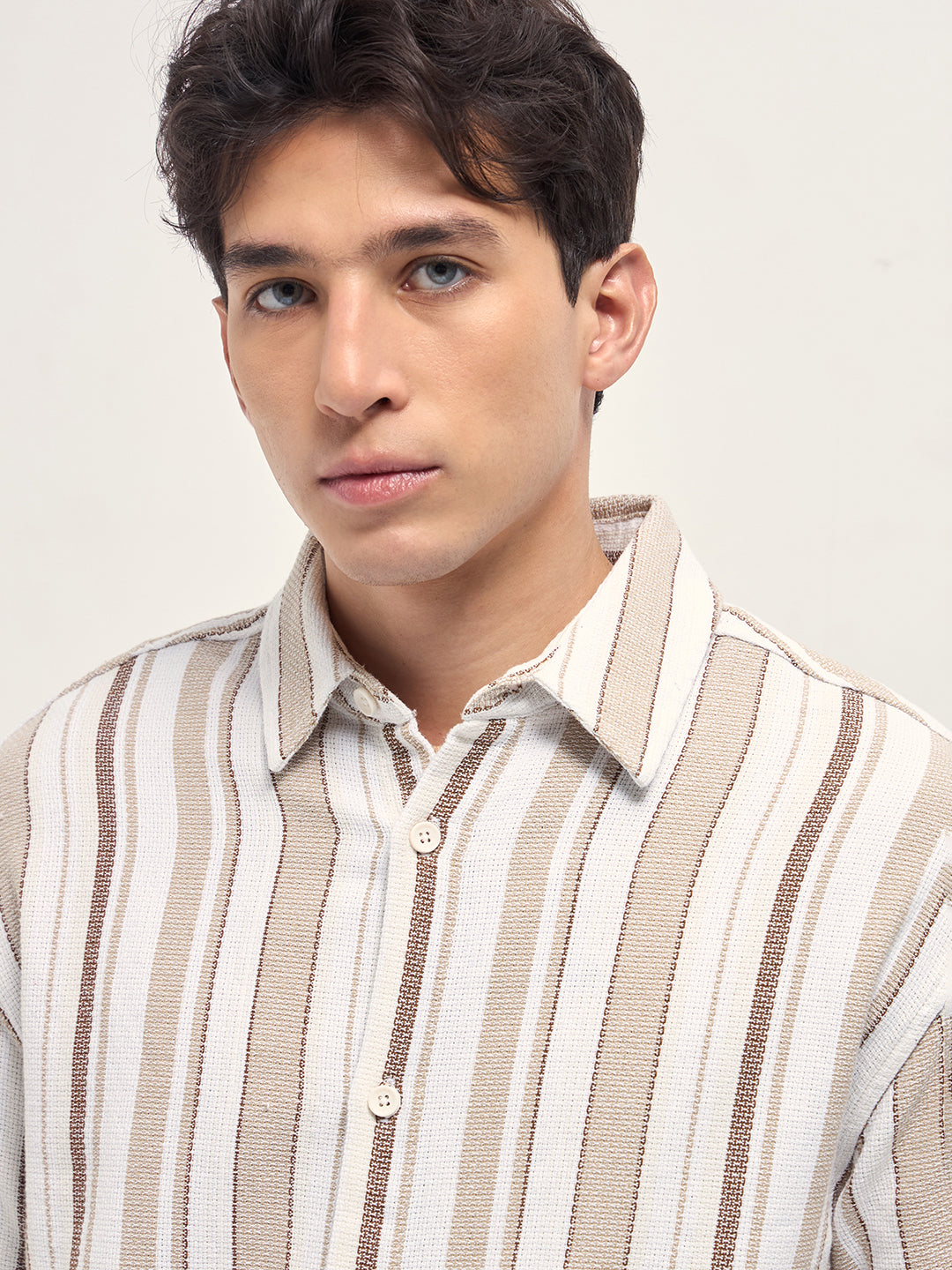 White and Beige Woven Vertical Stripe Relaxed Fit Overshirt