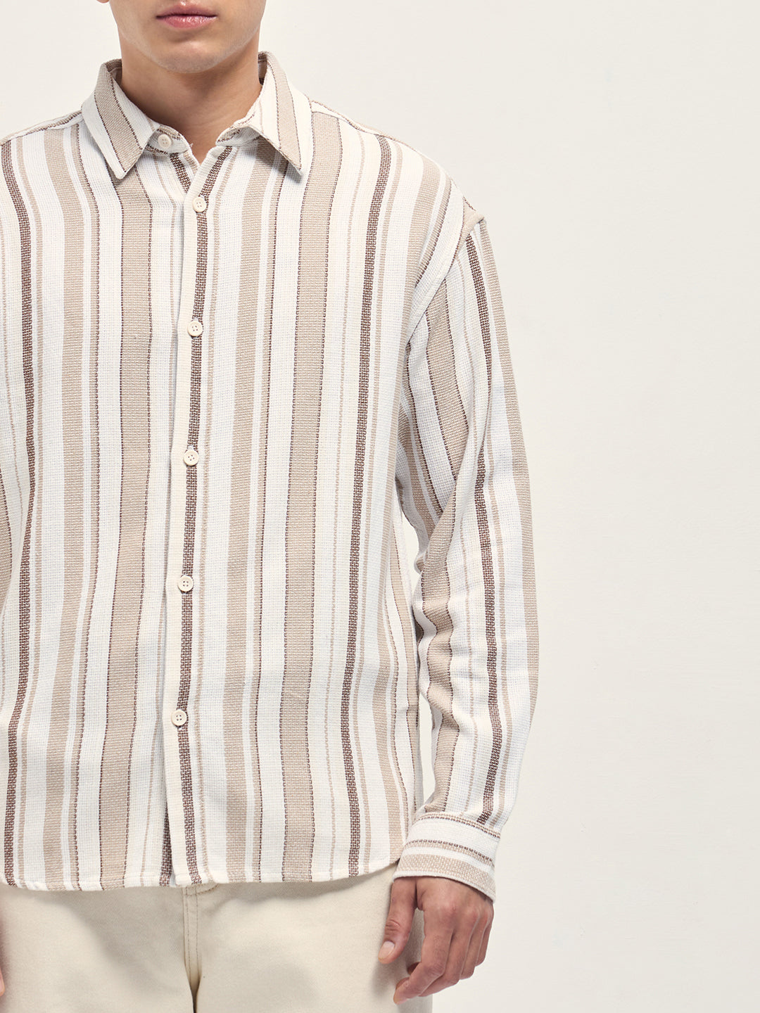 White and Beige Woven Vertical Stripe Relaxed Fit Overshirt