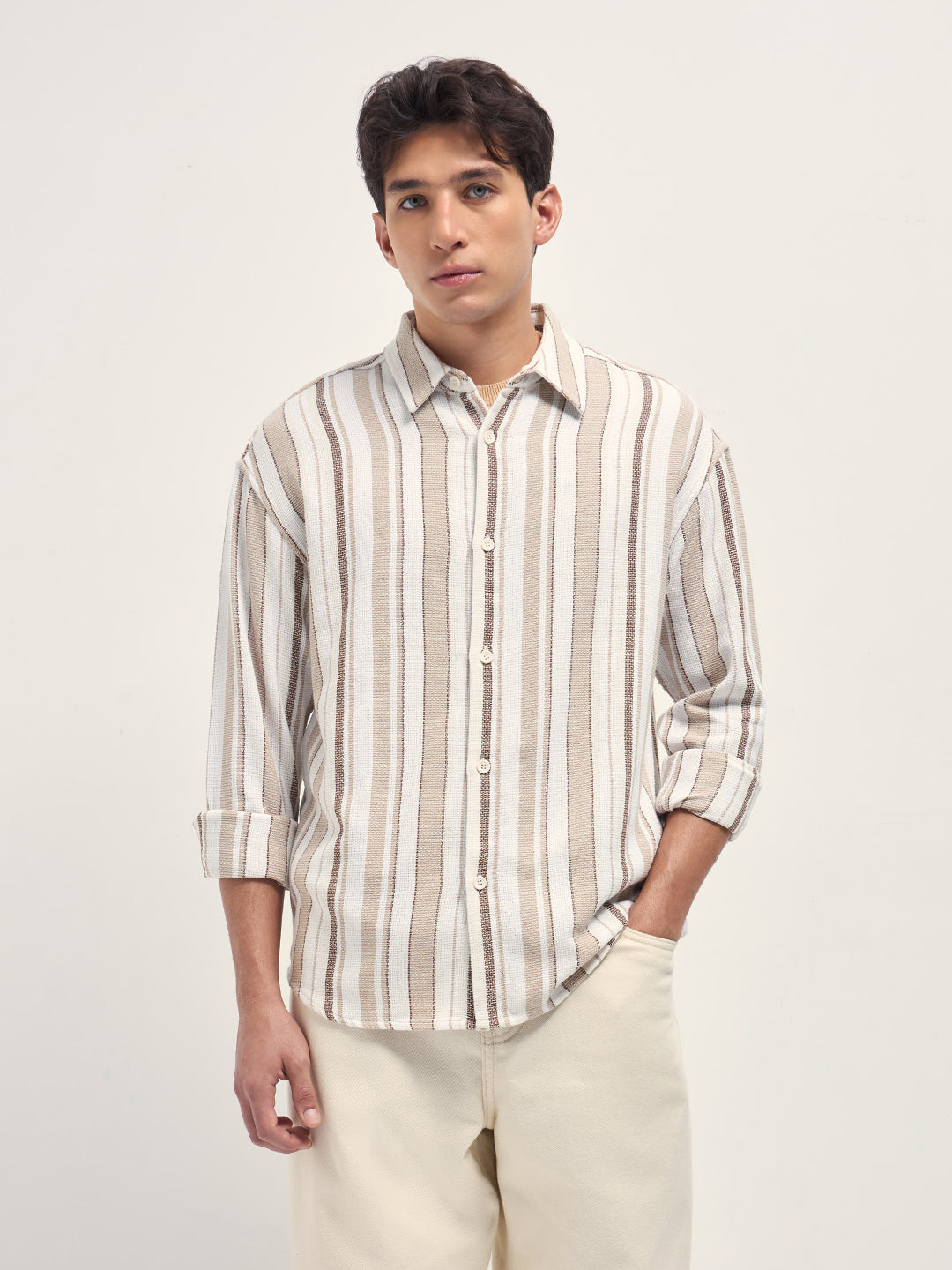 White and Beige Woven Vertical Stripe Relaxed Fit Overshirt