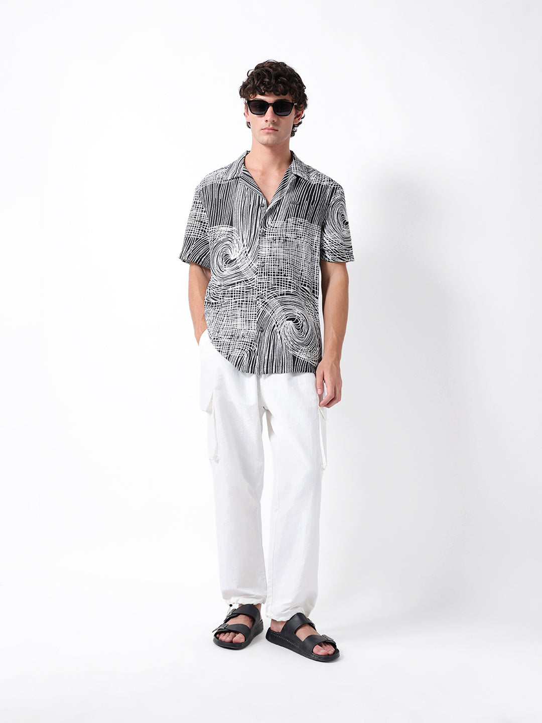 Black & White Abstract Line Print Relax Fit Casual Shirt