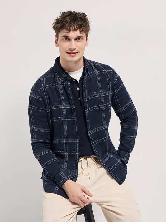 Dark Blue Checked Slim Fit Casual Flannel Shirt