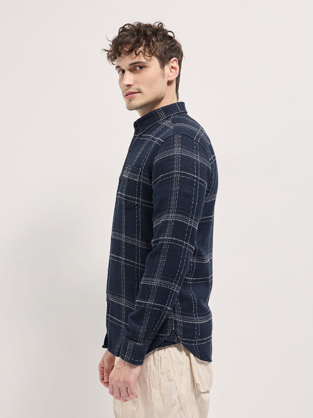 Dark Blue Checked Slim Fit Casual Flannel Shirt