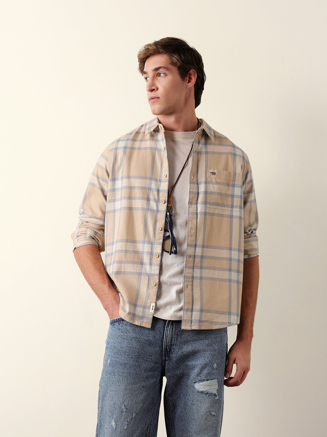 Beige & Blue Regular Fit Checked Flannel Casual Shirt