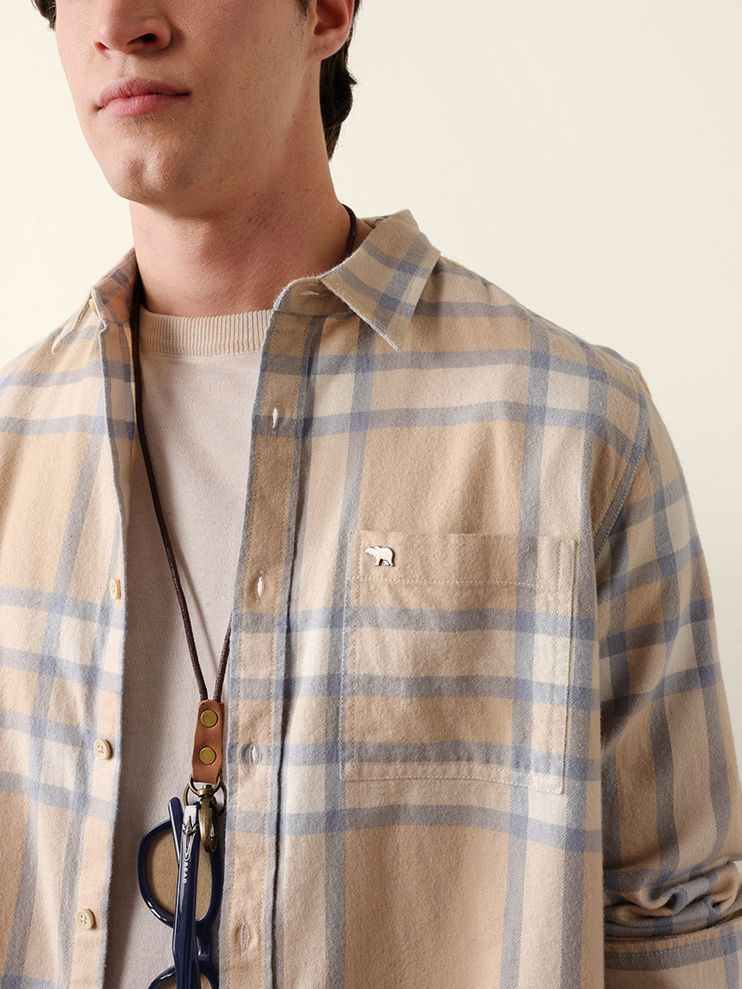 Beige & Blue Regular Fit Checked Flannel Casual Shirt