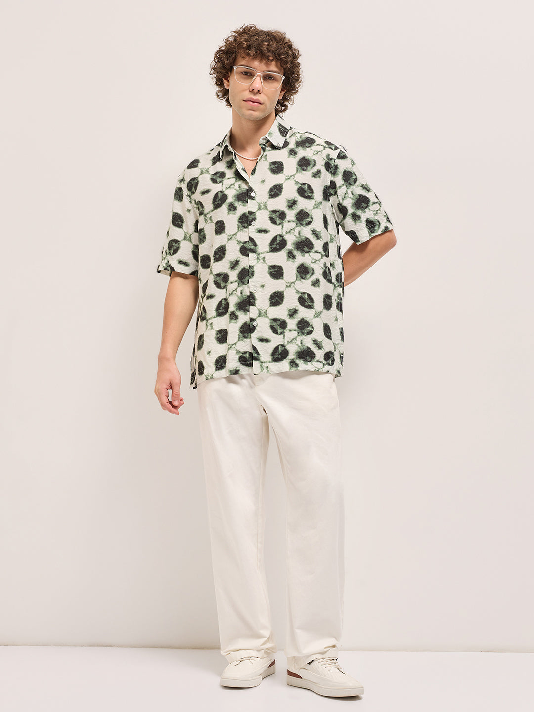 Cream with Dark Green Foliage Print Relax Fit Casual Shirt