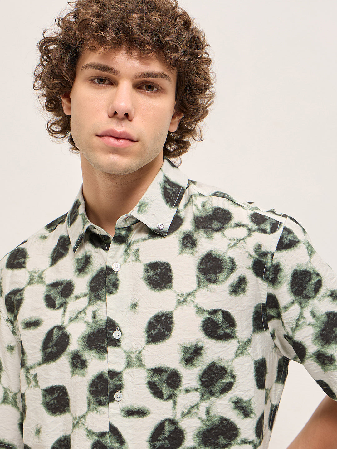 Cream with Dark Green Foliage Print Relax Fit Casual Shirt