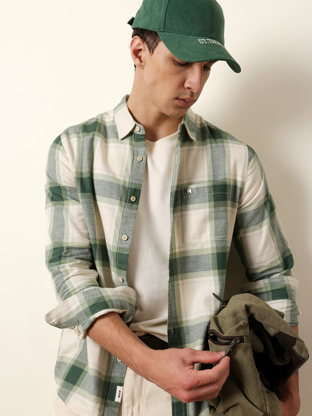 Green & Cream Checked Flannel Regular Fit Casual Shirt