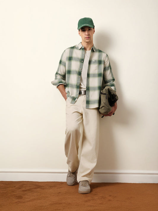 Green & Cream Checked Flannel Regular Fit Casual Shirt