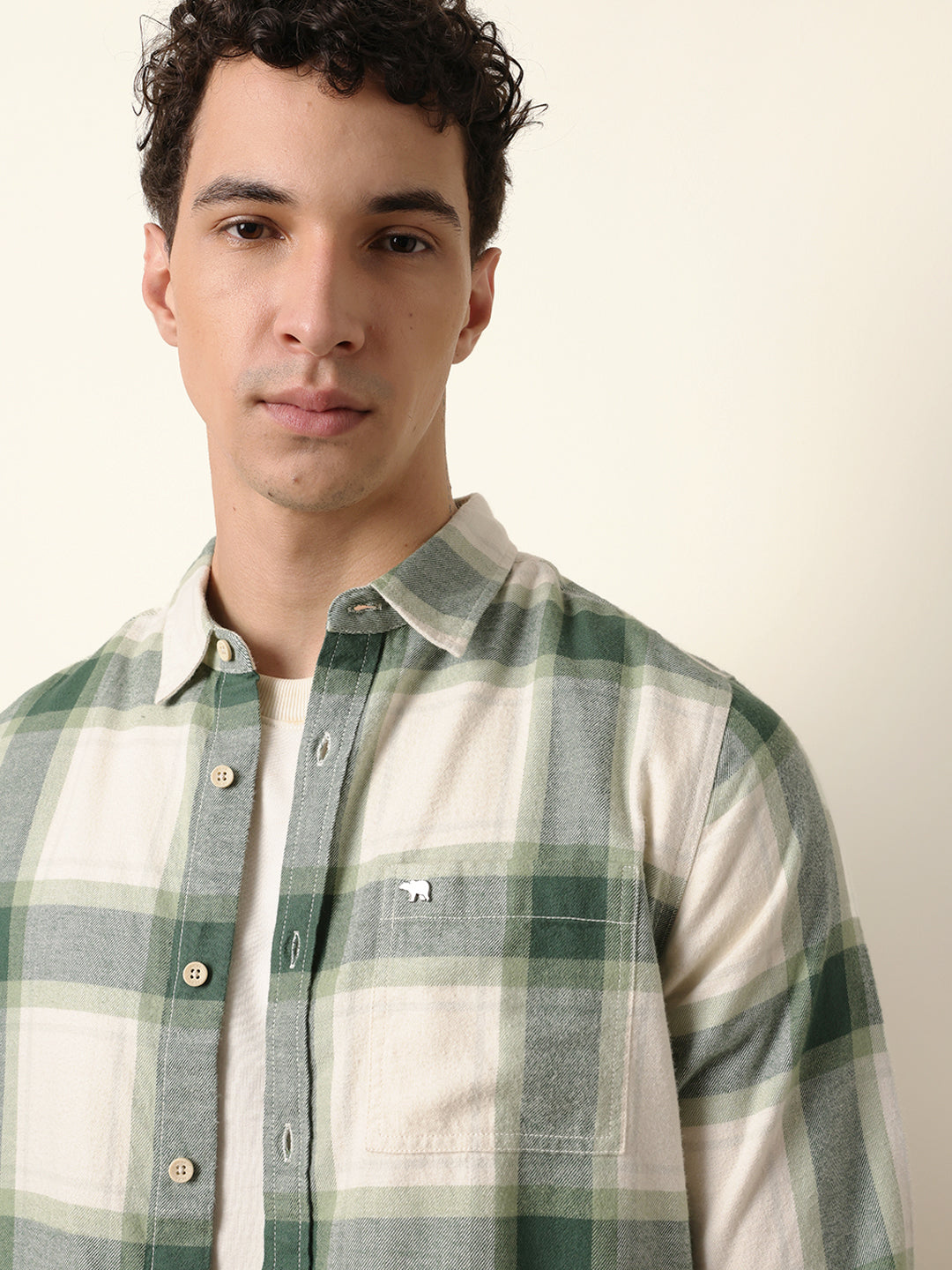 Green & Cream Checked Flannel Regular Fit Casual Shirt