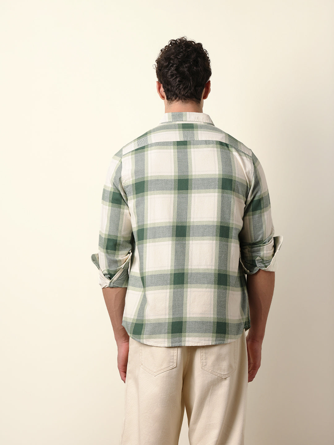 Green & Cream Checked Flannel Regular Fit Casual Shirt
