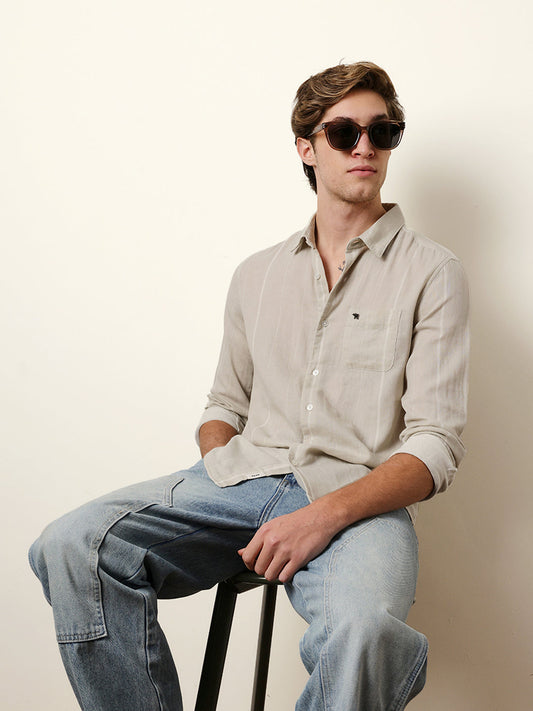 Light Green Vertical Woven Stripe Slim Fit Casual Shirt